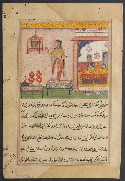 Side fra Tales of a Parrot Tuti-nama: Tjuetredje natt: Papegøyen adresserer..., ca. 1560. av Unbekannt