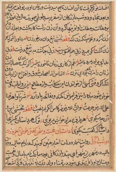 Side fra Tales of a Parrot Tuti-nama: tekstside, ca. 1560. av Unbekannt