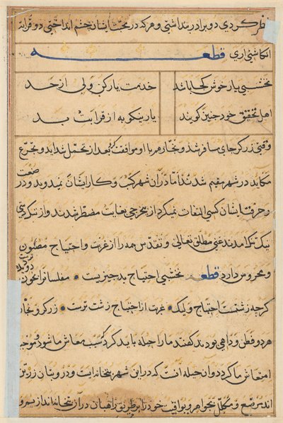 Side fra Tales of a Parrot Tuti-nama: tekstside, ca. 1560. av Unbekannt