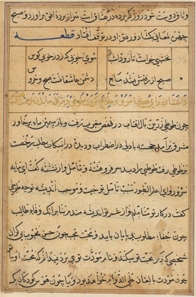 Side fra Tales of a Parrot Tuti-nama: tekstside, ca. 1560. av Unbekannt
