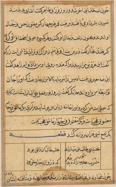 Side fra Tales of a Parrot Tuti-nama: tekstside, ca. 1560. av Unbekannt