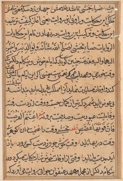 Side fra Tales of a Parrot Tuti-nama: tekstside, ca. 1560. av Unbekannt