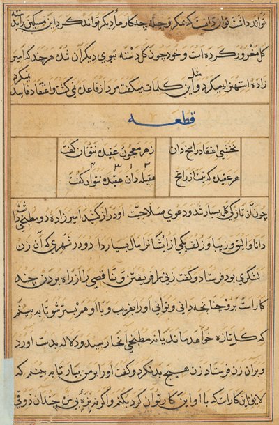 Side fra Tales of a Parrot Tuti-nama: tekstside, ca. 1560. av Unbekannt