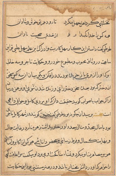 Side fra Tales of a Parrot Tuti-nama: tekstside, ca. 1560. av Unbekannt