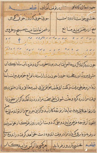 Side fra Tales of a Parrot Tuti-nama: tekstside, ca. 1560. av Unbekannt