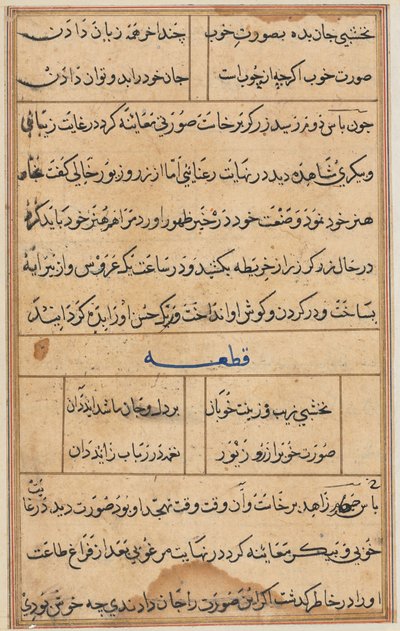 Side fra Tales of a Parrot Tuti-nama: tekstside, ca. 1560. av Unbekannt