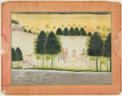 Side fra en Bhagavata Purana: Nanda og de eldste i råd med gopaene, ca. 1690-1700. av Unbekannt