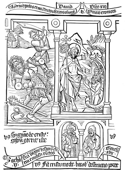 Side av Biblia Pauperum Poor Peoples Bible, 1400-tallet av Unbekannt