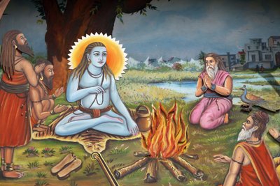 Maleri som viser en hellig mann (sitter på en tigers hud som Shiva) omgitt av tilhengere Haridwar India av Unbekannt