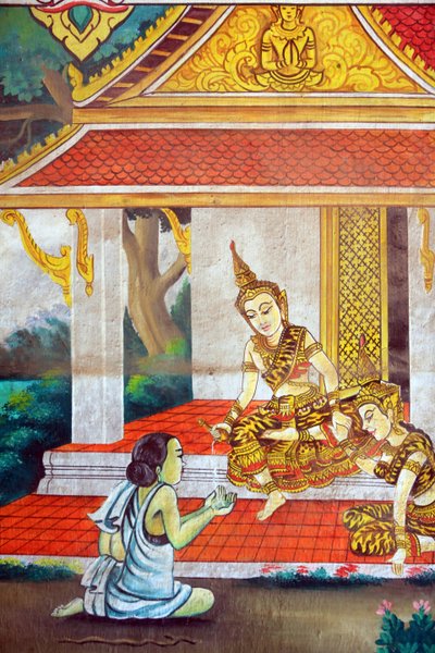 Maleri som skildrer livshistorien til Shakyamuni Buddha. Wat Naxai. Vientiane. Laos, 20151106, Vientiane, Laos av Unbekannt