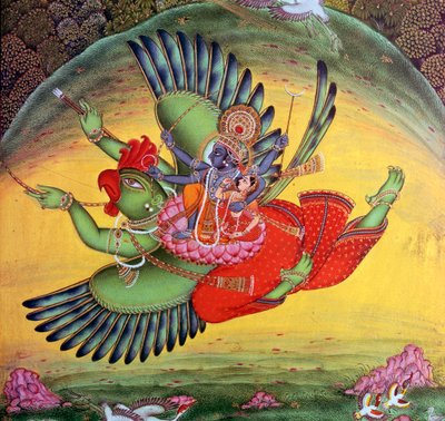 Maleri av Vishnu og hans kone Lakshmi som rir på fugleguden Garuda av Unbekannt