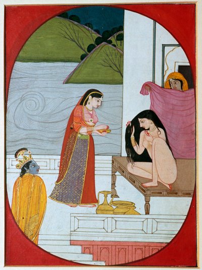 Maleri av guden Khrishna som ser på Radha ved badet hennes, 1800-tallet av Unbekannt