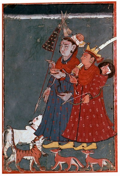 Maleri av gudene Shiva og Krishna akkompagnert av en okse, tiger og sjakaler av Unbekannt