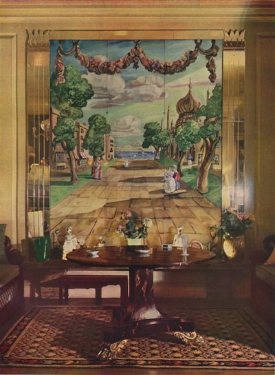 Panel som viser Regency Brighton, flankert av pilastre i speilglass, 1933. av Unbekannt