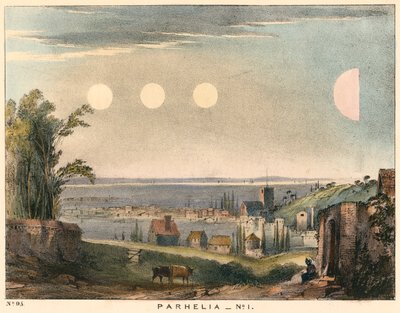 Parhelia håner soler uten glorier, observert i England i 1698, 1845 av Unbekannt
