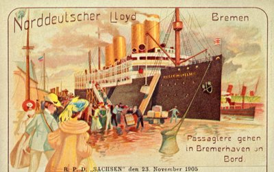 Passasjerer går ombord på den gigantiske SS Kaiser Wilhelm II i Bremerhaven, 1905. av Unbekannt