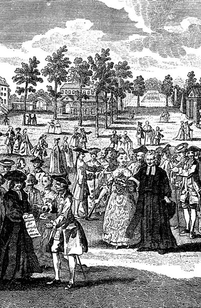 Folk i hagene til et herskapelig hjem, 1700-tallet av Unbekannt