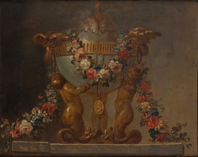 Parfymebrenner støttet av babytritoner og kranset med blomster, 1700-tallet. av Unbekannt