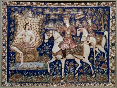 Persisk flis som viser Khusrau som ser Shirin bade, 1800-tallet av Unbekannt