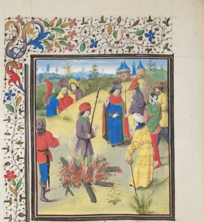 Peter Bartholomew gjennomgår ildprøven. Miniatyr fra Historia av William av Tyrus, 1460-tallet av Unbekannt