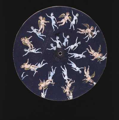 Phenakistiscope (Phenakistoscope) plate som viser en amor og to jenter, ca 1830 av Unbekannt