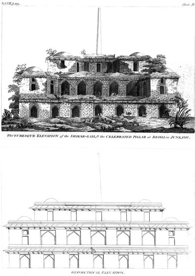 Pittoresk høyde av Shikar Gah og den berømte søylen i Delhi, juni 1797 1799 av Unbekannt