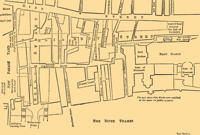Plan eines Teils von Westminster zwischen 1734 und 1748 - Vor dem Bau der Parliament Street von Unbekannt
