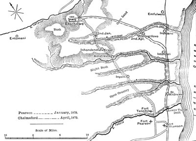 Plan for Marches of Pearson Jan., 1879 og Chelmsford, april, 1879 til Etschowe, c1880 av Unbekannt