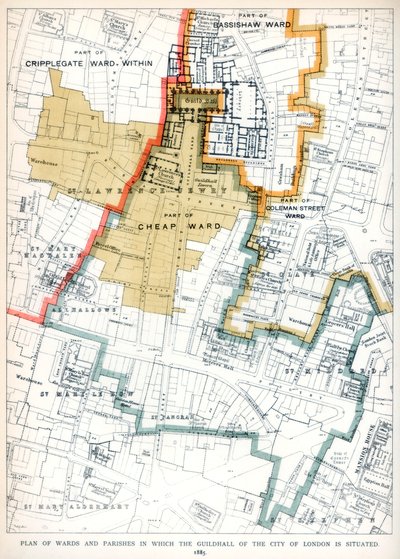 Plan over menighetene og menighetene der Guildhall of the City of London ligger, 1886 av Unbekannt