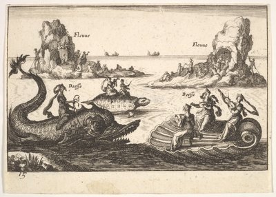 Plate 15: Elver og gudinner, med flytende øyer ledet av stolpebærere, kvinnelig figur..., 1664. av Unbekannt