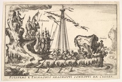 Plate 8: Polyphemus og Palemonius ledet av Ceres Polifemo og Palemonio Argonauti dirigert d ..., 1664. av Unbekannt