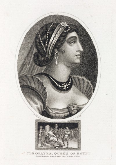 Portrett av Cleopatra (Thea Philopator, 69-30 f.Kr.), med en scene som beskriver hennes tiltredelse til Egypts trone, omgitt av romerske legionærer av Unbekannt