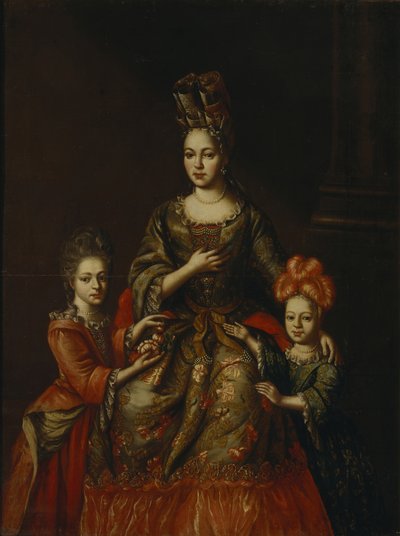 Portrett av Anastasiya Yakovlevna Naryshkina med barn Alexandra Kirillovna og Tatyana Kirillovna, tidlig på 1700-tallet. av Unbekannt