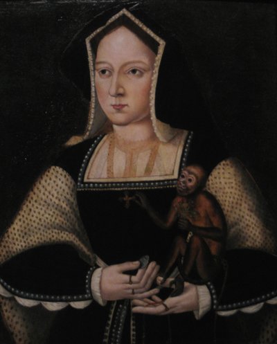 Portrett av Katarina av Aragon, med kjæledyrapen, kopi etter Lucas Horenbout, ca 1530 av Unbekannt