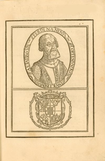 Portrett av Hernán Cortés 1485-1547 med hans våpenskjold, 1588. av Unbekannt