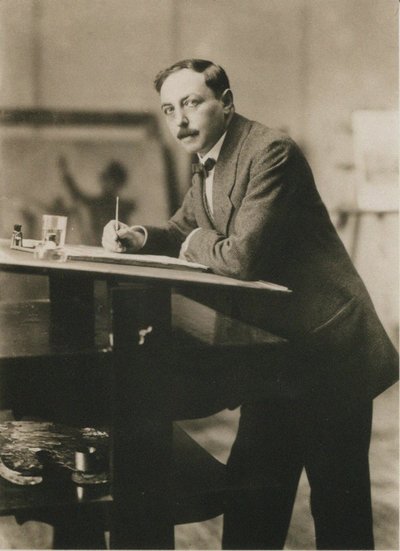 Portrett av Thomas Theodor Heine 1867-1948 i hans atelier, ca. 1913. av Unbekannt