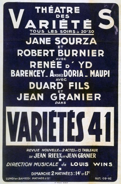 Plakatreklame Variétés 41 varieté, Frankrike, 1941 av Unbekannt