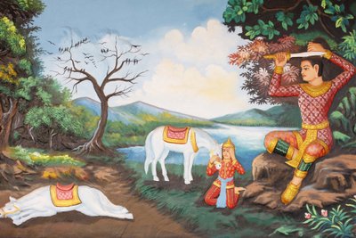 Preah Prom Rath MonasteryLife of the BuddhaThe Great Tonsure: Buddha klipper håret med sverdet Deretter byttet han prinsens klær for en tiggers kappe Så begynte han sin søken etter opplysning, Siem Reap, Kambodsja av Unbekannt