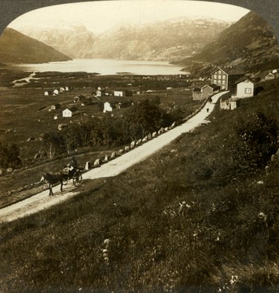 Vakker landsby med fjellvegger og Roldalssjøen, på det robuste Vestlandet, ca 1905. av Unbekannt