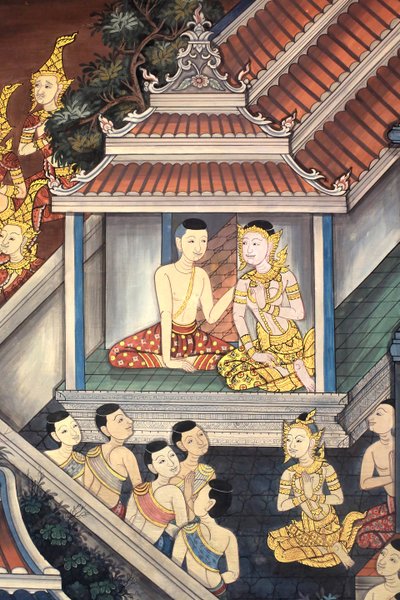 Prins Rama og Sita. Veggdetalj på indre vegger av Vihara fra epoken til kong Rama III som viser Ramakien. Wat Pho - Wat Phra Chetuphon. 1788. Bangkok. Thailand av Unbekannt