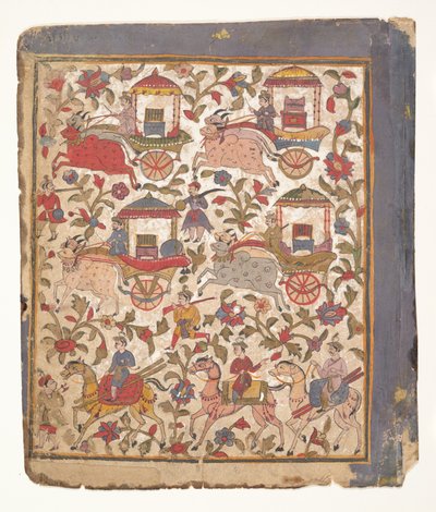 Prosesjon av vogner som bærer bytte ... fra et spredt Bhagavata Purana-manuskript, c1640-50. av Unbekannt