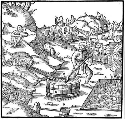 Produsere salt ved å fordampe naturlig saltlake ved å helle den i en grop med brennende kull, 1556 av Unbekannt