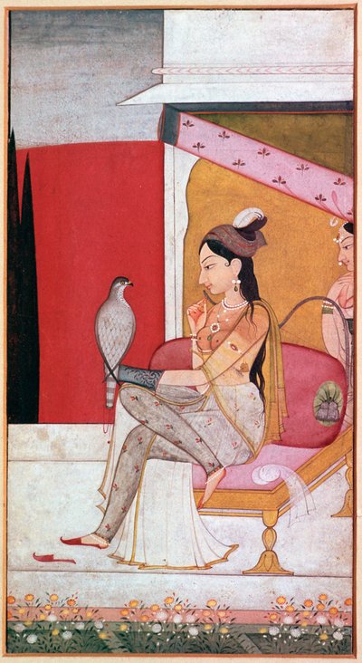 Punjabi-illustrasjon av en dame med en hauk. av Unbekannt