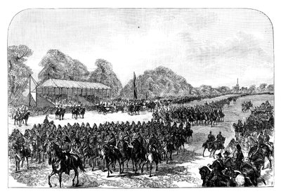 Dronning Victoria gjennomgår frivillige i Great Park, Windsor, Berkshire, sent på 1800-tallet av Unbekannt