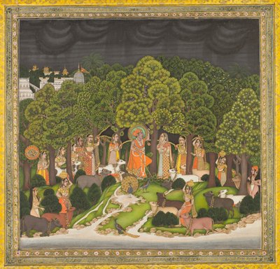 Radha og Krishna møtes i skogen under en storm, ca. 1770. av Unbekannt