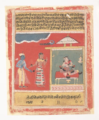 Radhas venn ber henne om å motta Krishna: Page from a Dispersed Rasikapriya, 1634. av Unbekannt