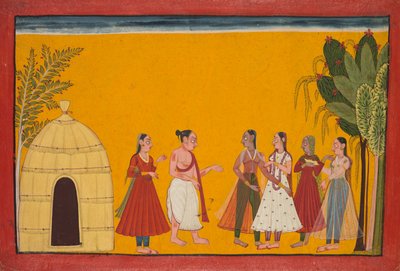 Rama og Sita blir ført til presten for å fikse bryllupsdatoen, side fra Ramayana..., c1700-17 av Unbekannt