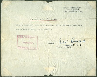 Kvittering for et tidligere japansk sverd, HMS Venerable, Singapore, 1946 av Unbekannt