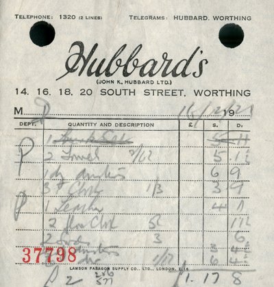 Kvittering fra Hubbards varehus, 1921. av Unbekannt