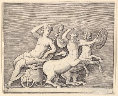 Tilbakelent kvinnefigur på en vogn tegnet av to kentaurer, publisert ca. 1599-1622. av Unbekannt